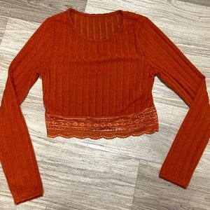 SHEIN Burnt Orange Ribbed Lace Crop Top